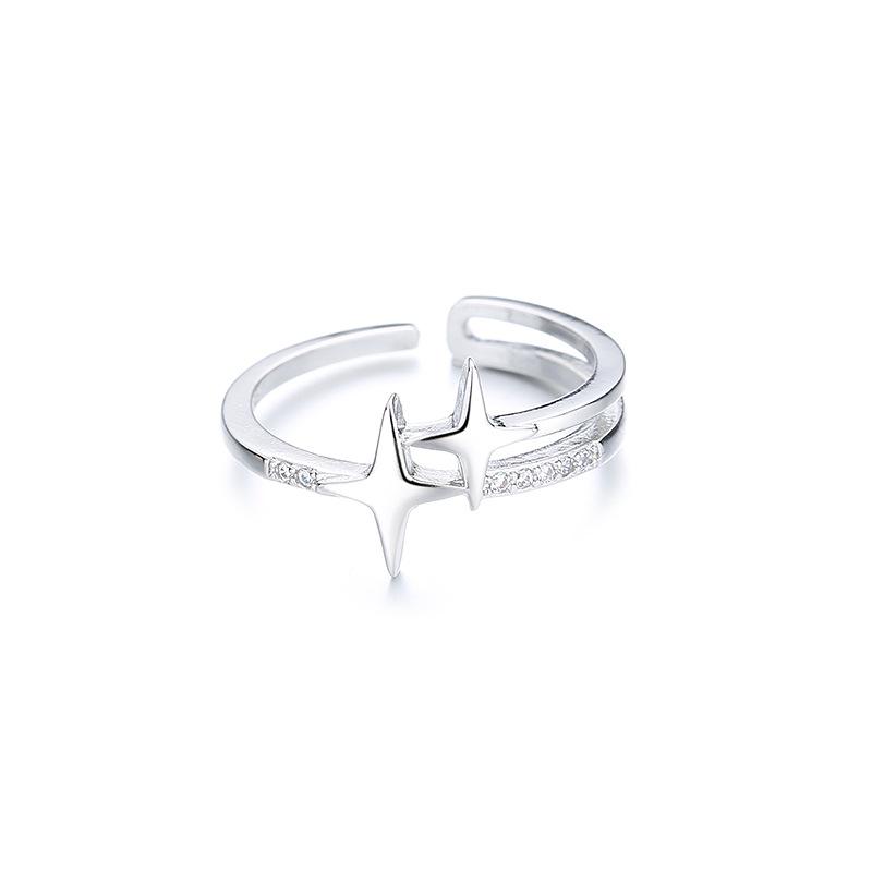 PANJBJ 925 Sterling Silver Four-pointed Star Shining Zircon Ring High-end Personalized Opening Adjustable Jewelry