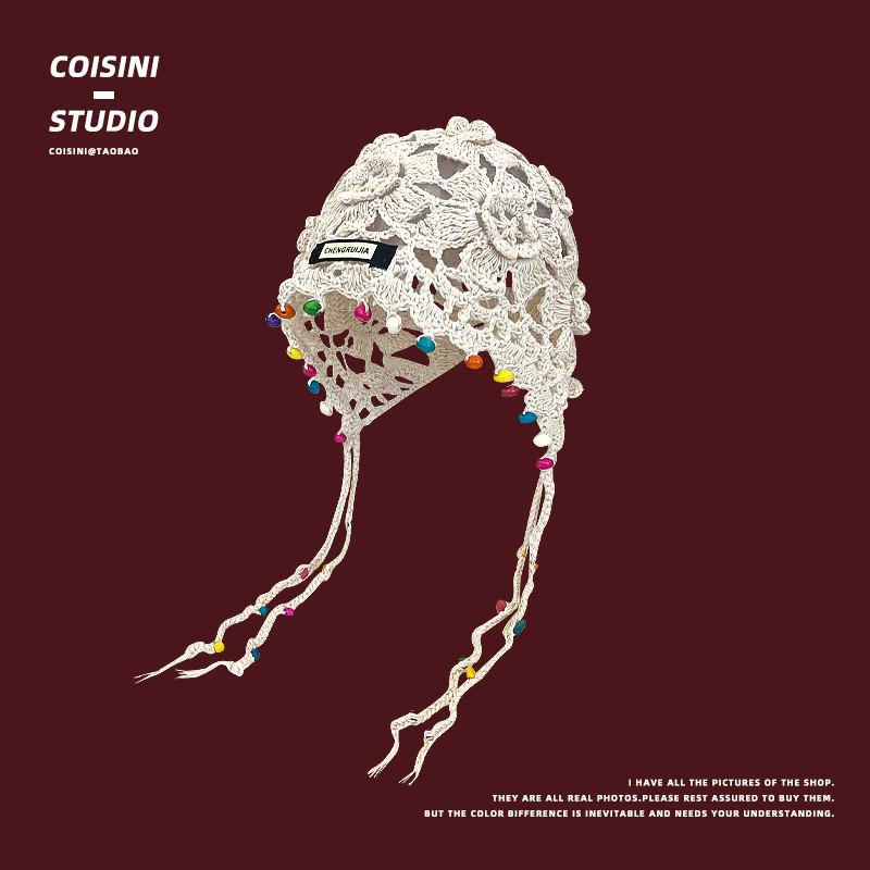 

Вязаная вручную художественная шапка с декоративными жемчужинами и яркими цветочными узорами для весенних нарядов Beige Potted Hat