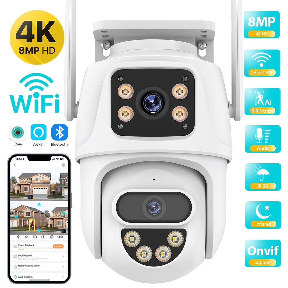 

WIFI IP Camera 4K 8MP HD Dual Lens Security PTZ Camera Dual Screen Outdoor Auto Tracking Audio Vedio Surveillance Camera iCSee 4MP NO SD Card