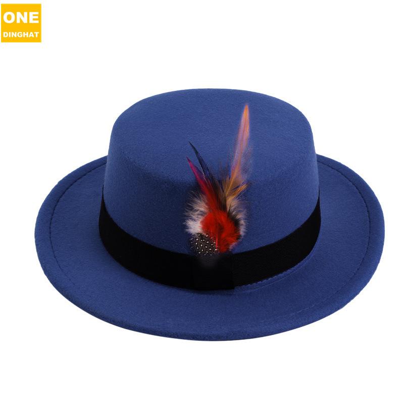 Men'S And Women'S Woolen Wool Flat Top Top Top Hat Retro Chicken Feather Jazz Hat Gentleman'S Hat Jdl-008A