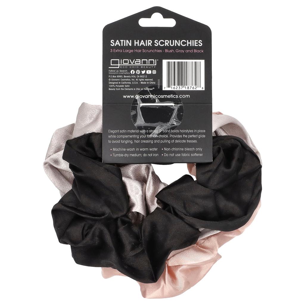 Satin Hair Scrunchie, Extra Large, Blusher, Grey and Black, 3 Pack