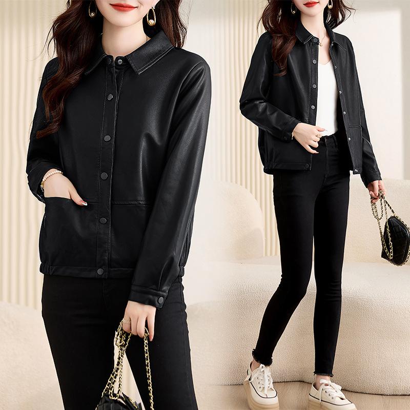 Fashionable and Versatile Genuine Leather Jacket for Women Short Spring and Autumn Sheepskin Motorcycle Lapel Leather Jacket for Women