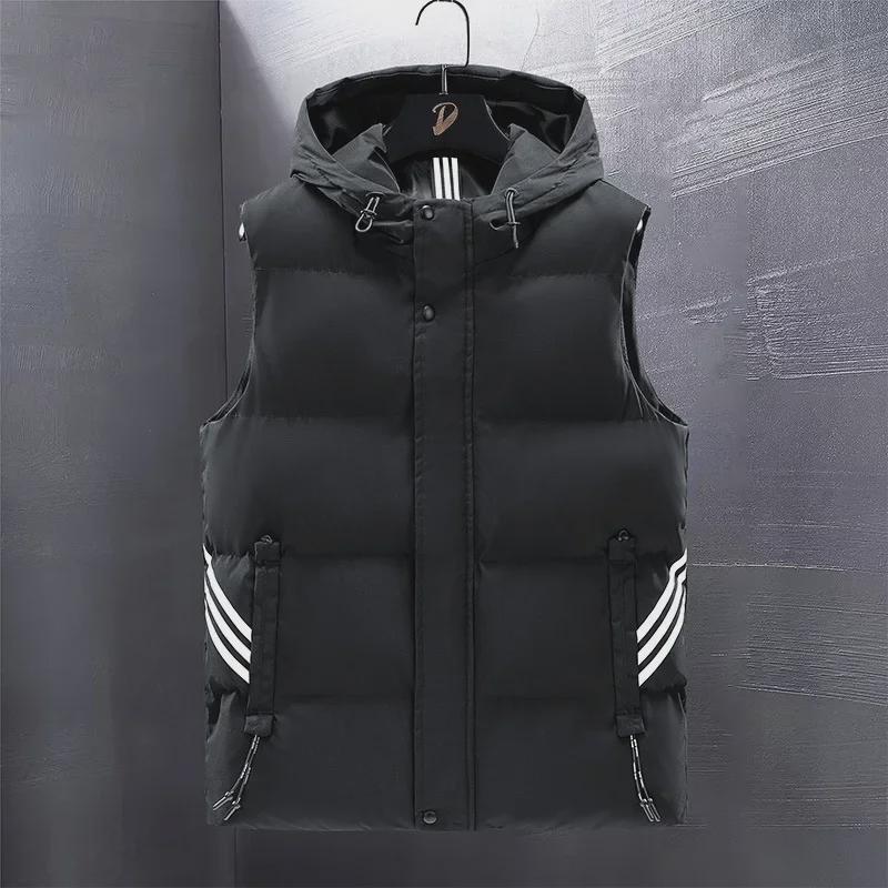 Men's Oversized Hooded Down Cotton Vest - Thick, Warm, Sleeveless Jacket