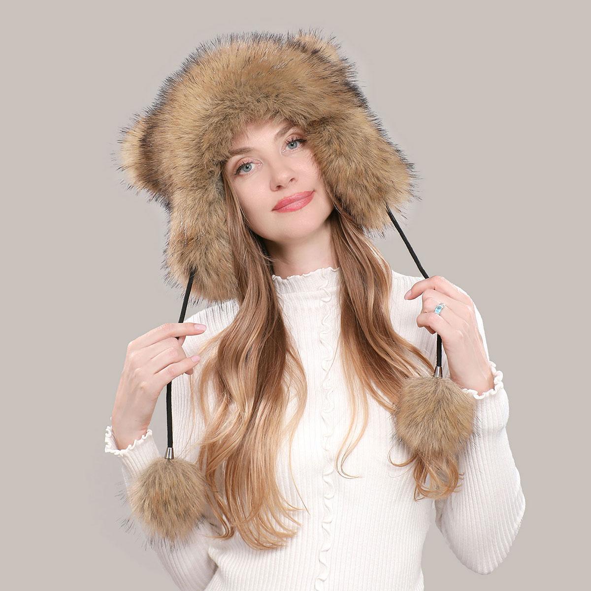 

Мультяшная меховая шапка с милыми ушками для женщин на осень и зиму, новая, дуду с имитацией енотового меха, с защитой ушей для тепла и холодостойкости, плюшевая шапка коричневый