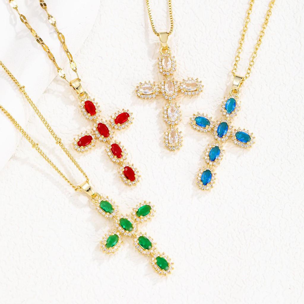 Gold-Plated Multi-Color Zirconia Cross Necklace with Full Diamond Design