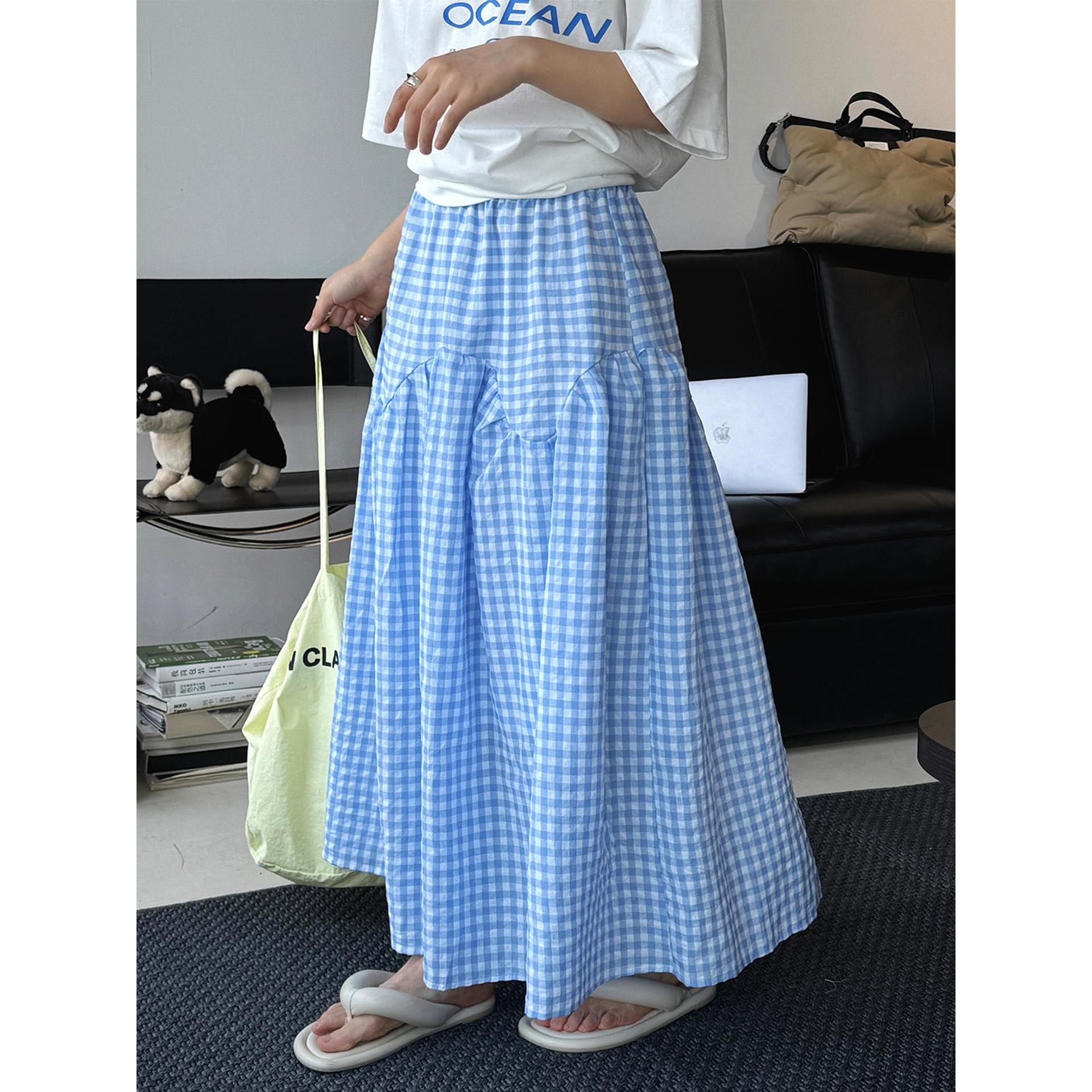 

Johnature Korean Retro Stitched Plaid Skirt Casual Simple Versatile Summer Draped Long Skirt Women S синий