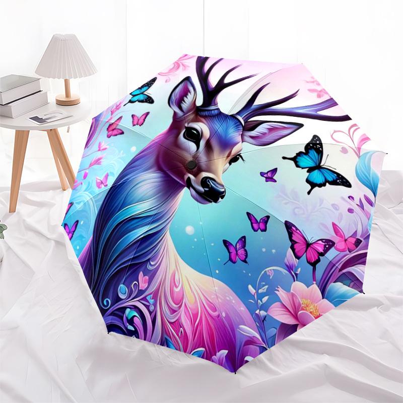 1pc Fantasy Deer with Butterflies Umbrella with Plastic Handle,Suitable for All Seasons Home Travel Outdoor UmbrellaDD007