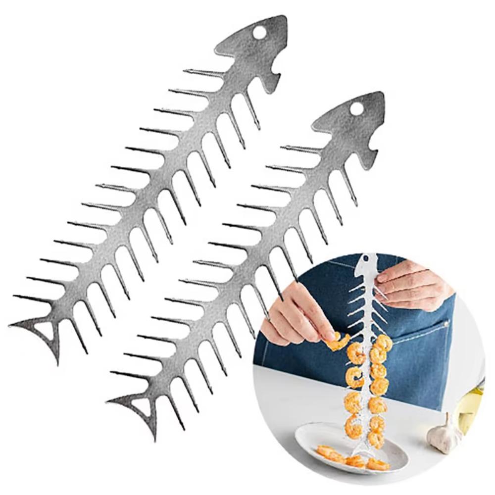 2PCS Stainless Steel Roaster Fork Reusable Barbecue Skewers Creative Fish Bone Skewers  BBQ Net