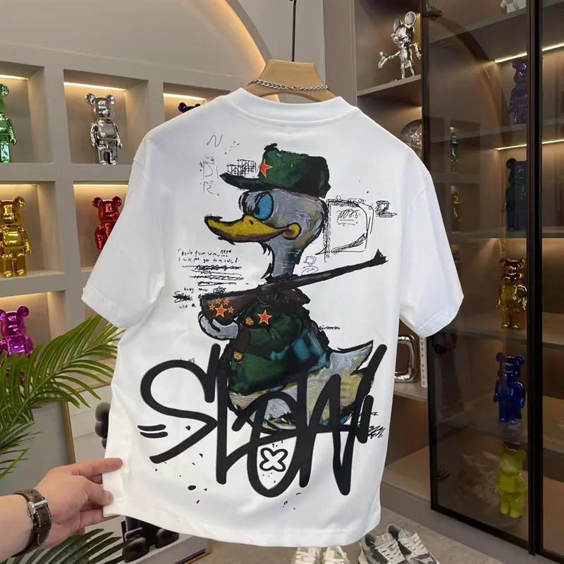 

Summer cartoon duck print casual 100% pure cotton men s trendy short-sleeved T-shirt is fashionable and versatile 4XL