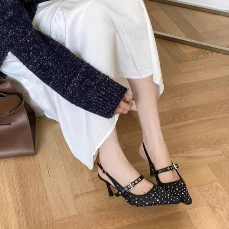 Fashion Women's Thin Heel Pointed Rhinestone Designed Sandals 2025 Summer New Fashion Back Strap High Heels Shallow Mouth Elegant Pumps