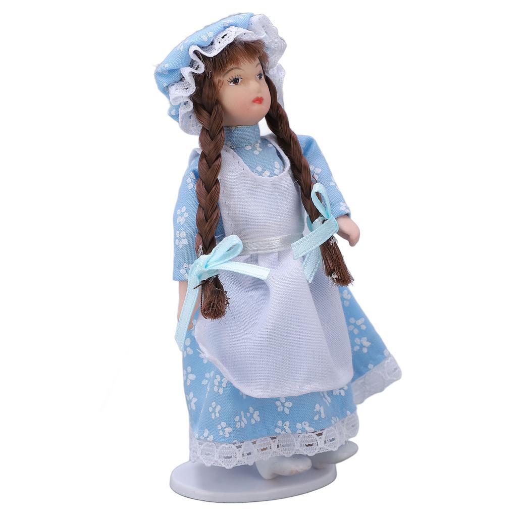 1:12 Dollhouse Ceramic Girl Figures Bendable Joints Girl Doll in Blue with Hood and Braids for Over