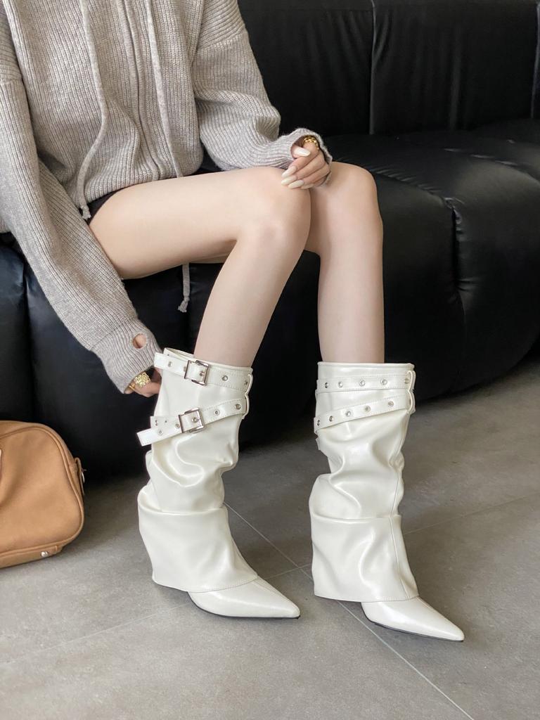 2025 Autumn and Winter New Pointed Thin Heel High Heel Temperament French Fashion Belt Buckle Sexy Beautiful Women Mid Boots
