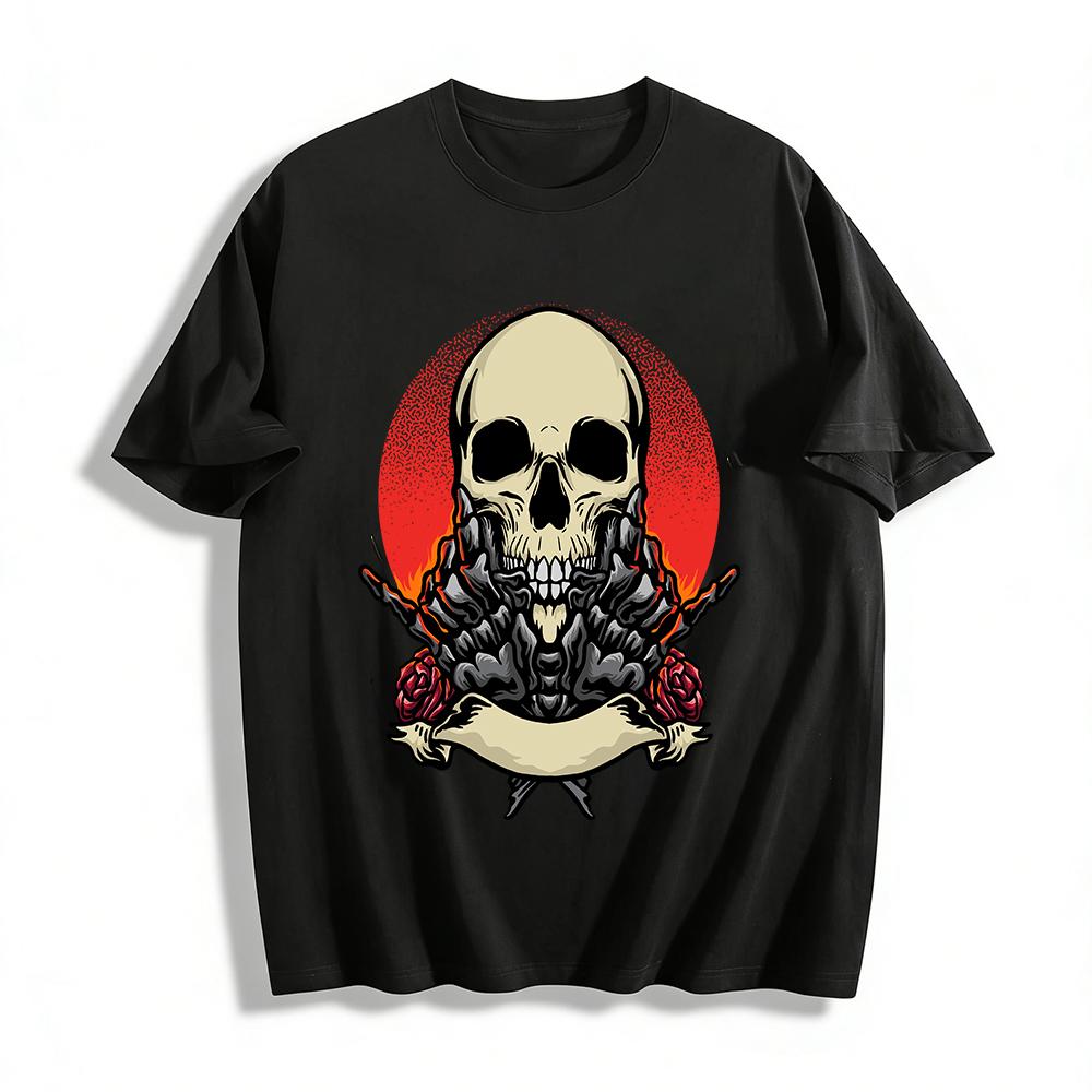 

Skull Rose Print Dark Style Trendy Cool Streetwear Men s Crew Neck Tee Pure cotton T-shirt 6XL