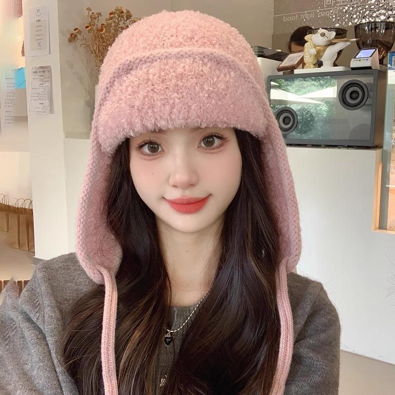 Solid Color Winter Warm Knitted Beanies Women Warm Woolen Japanese Hat Pile Caps Ear Protection Tie Pullover Hat Bomber Hats