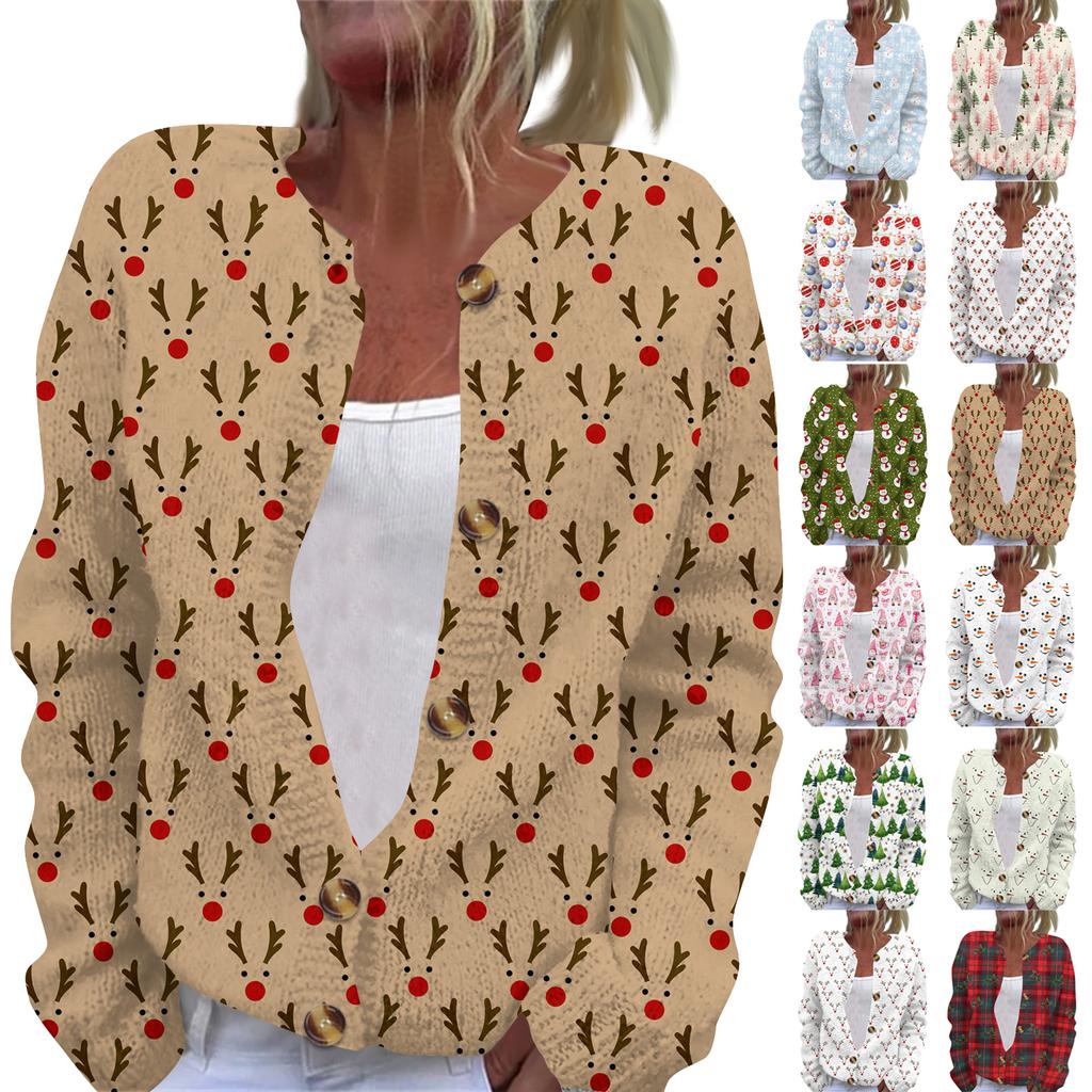 Women's Casual Long Sleeve Woolen Christmas Knitted Cardigan Button Down Jacket