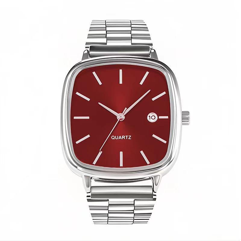 High-End Retro Silver Small Square Steel Band Watch with Calendar, Gold Brick Quartz Movement for Men and Women