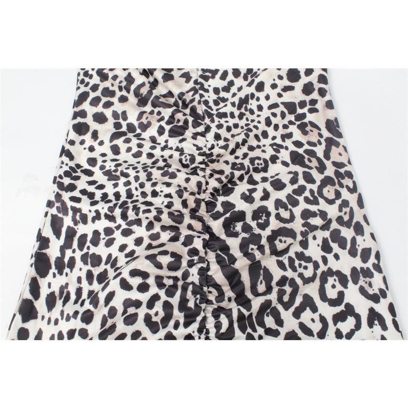 Women's Round Neck Long Sleeve Tight Bag Hip Slit Sexy Hot Casual Fashion Leopard Print Dress