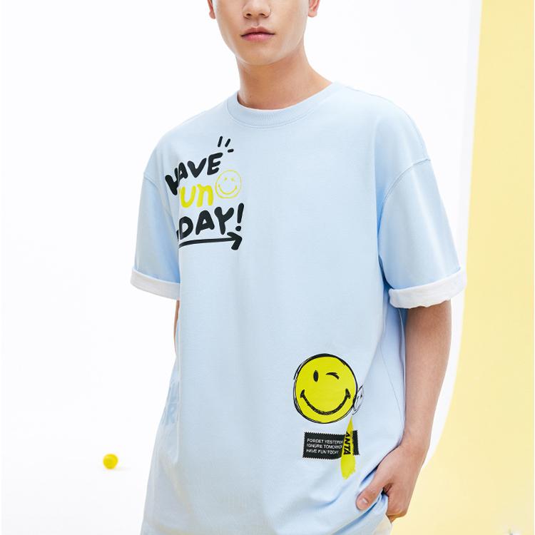 Anta X SmileyWorld Collaboration Life Series Logo Letter Smiley Round Neck Pullover Short Sleeve T-Shirt Unisex T-Shirts Cloud-Blue 152328146-4