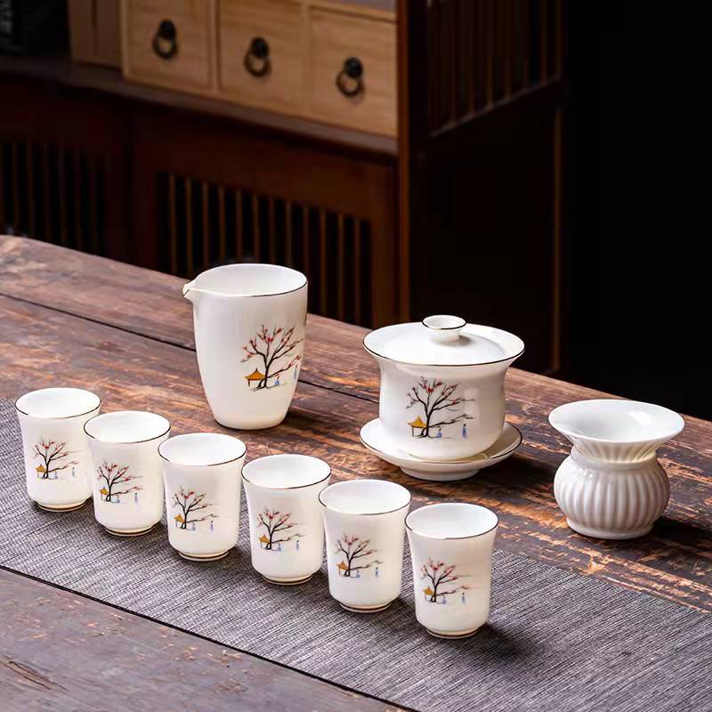 White Porcelain Tea Bowl Suet Jade Kung Fu Tea Set Ceramic Cover Bowl Teacup Annual Meeting Business Gift Set Formulation