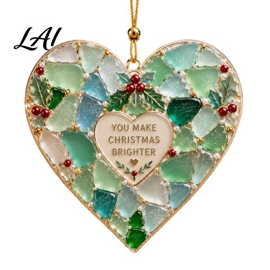 Memorial Ornaments for Christmas Handmade Sea Glass Ornament Mosaic Angel/Heart/Red Bird/Tree Hanging Coastal Tree Decoration with Sentimental Text,