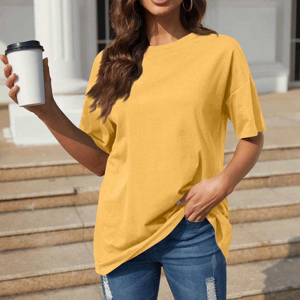 A Solid-color Loose Short-sleeved, Round-neck Plate-sized Top For Women In Spring And Summer