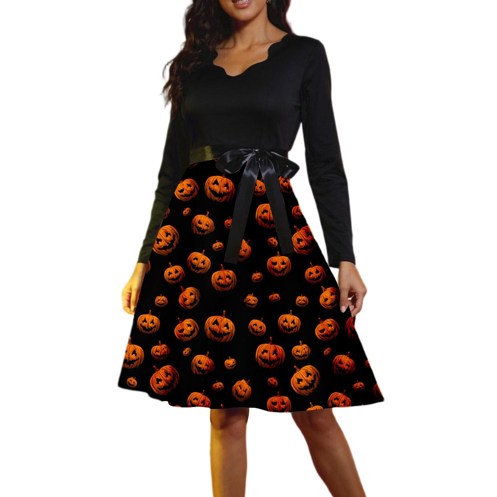 

Женские повседневные модные винтажные длинные платья с длинным рукавом на Хэллоуин и графическим принтом L оранжевый