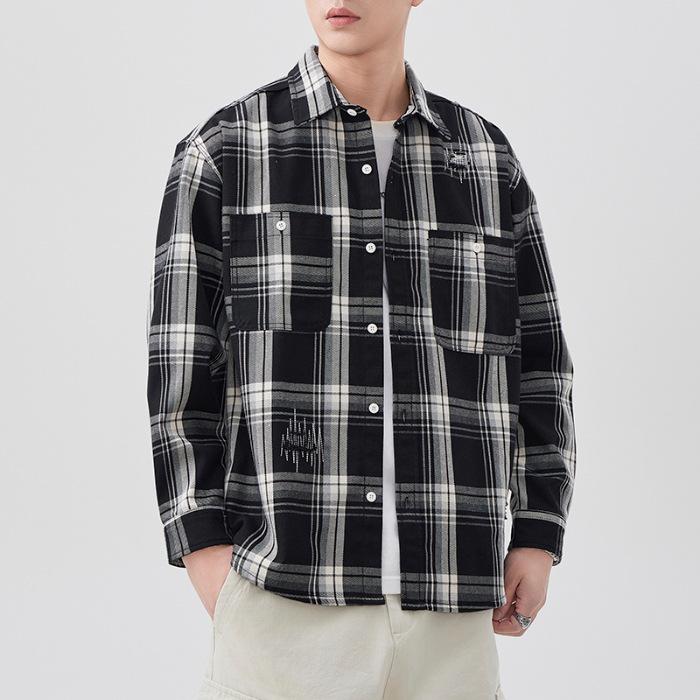 

Новая весенняя японская ретро мужская рубашка свободного кроя в клетку, повседневная американская рабочая рубашка-куртка 4XL