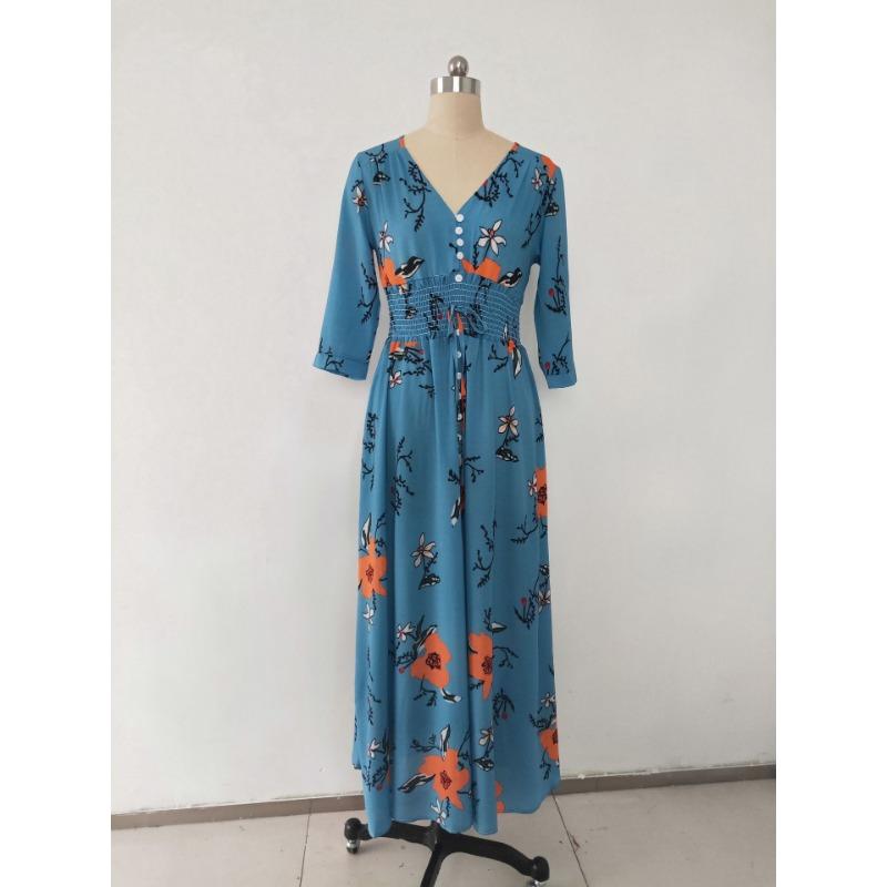 Women's Bohemian Print V-neck Button-up Seven-quarter Sleeve Skirt Dress
