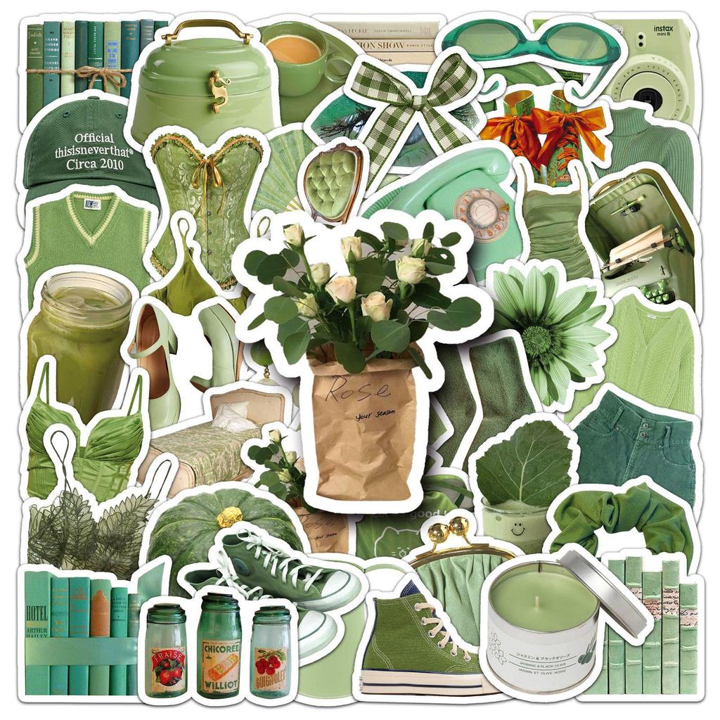 Green Nordic INS Style Journal Stickers - 50 Sheets, Waterproof, Fresh Cartoon Design for Decoration