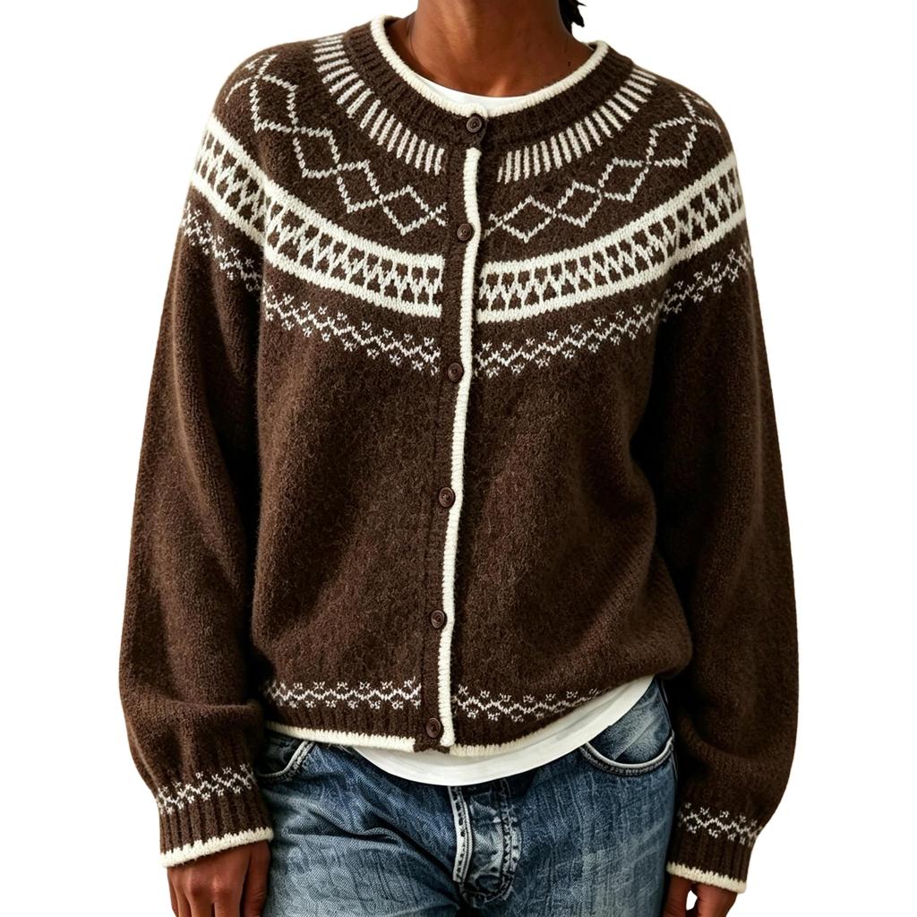 Women's Fashion Loose Fit Round Neck Button Front Knit Cardigan Sweater with Geometric Pattern for Fall and Winter