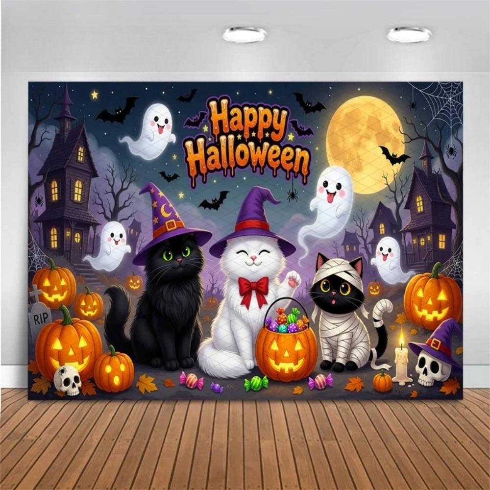Halloween Cute Witch Cat Ghost Pumpkin Ghost House Moon Bat Banner Backdrop Halloween Party Decoration Photography Backdrop