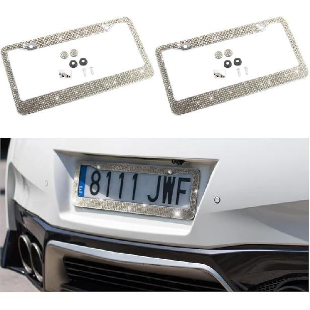 Bling Car License Plate Frame, Handcrafted Crystal Stainless Steel License Plate Frame, Sparkly, Durable, Universal Fit, Car Accessories For Girls,