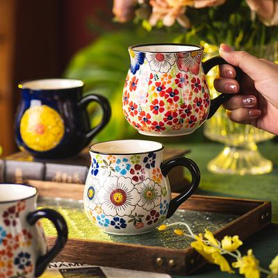Retro Handmade Flower Pattern Design Ceramic Mug Coffee Cup Milk Mug Home Office Breakfast Oatmeal Cup Ceramic Tea Mug