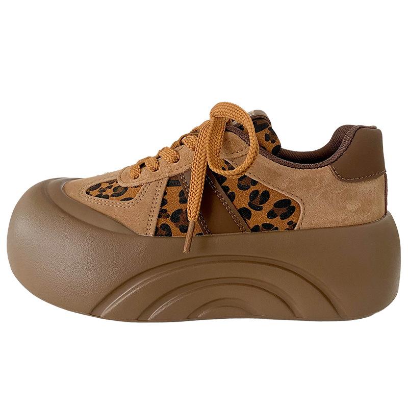 A350 latex insole/platform heightening board shoes women's shoes leopard print 2025 new round head chic Hong Kong style bread shoes