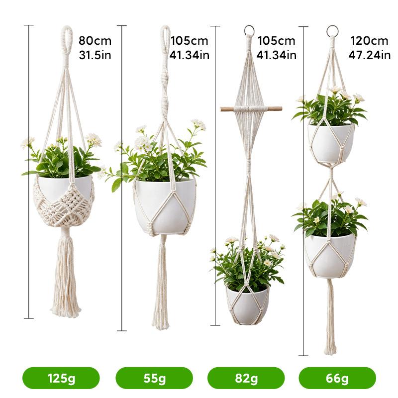 Bohemian Cotton Rope Hand Woven Plant Hanger, Macrame Flower Pot Net Bag, 4 Styles Combo for Garden & Balcony Decor
