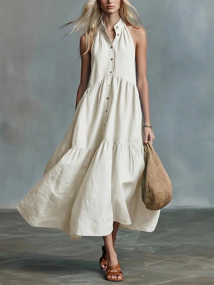 

Blue Halter Neck Sleeveless Maxi Dress with Metal Buttons and Tiered Hem S
