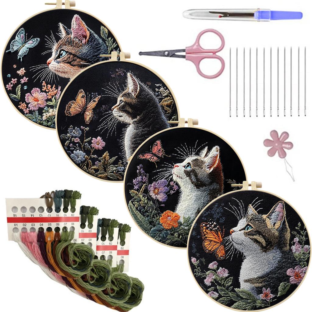 4 Pack Stamped Cross Stitch Kits with Embroidery Hoop Needles Threads Instruction Cross Stitch Set Cross Stitch Starter Kit