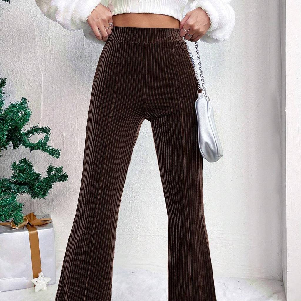 New High-Waisted Corduroy Bell Bottom Pants, Solid Color Casual Wide-Leg Sweatpants for Women
