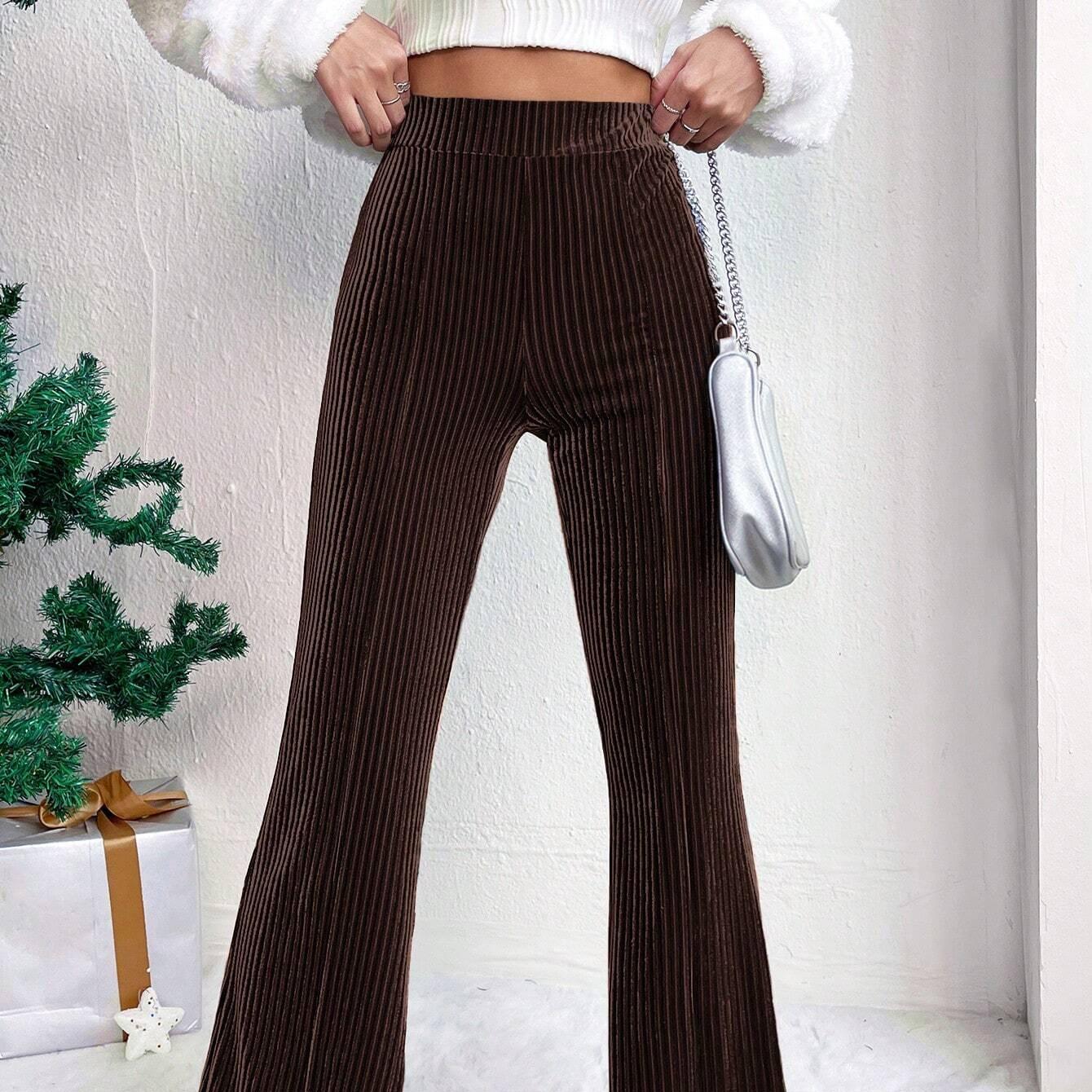 

2025 Новые вельветовые брюки-клеш с высокой талией, однотонные повседневные широкие спортивные брюки для женщин S коричневый