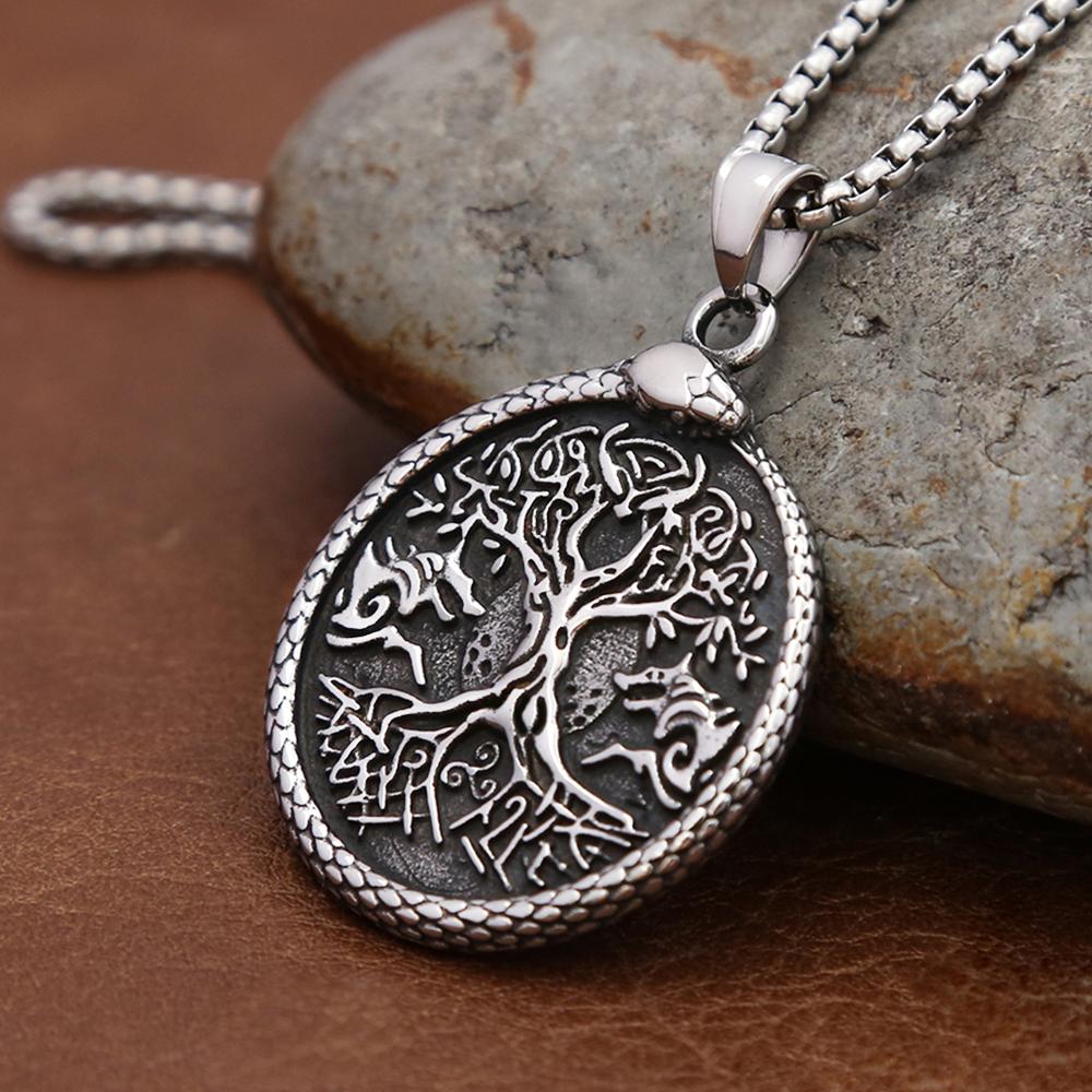Vintage Einzigartiger Wikinger Lebensbaum Anhänger Punk Rock Edelstahl Pentagramm Halskette für Männer Frauen Schmuck