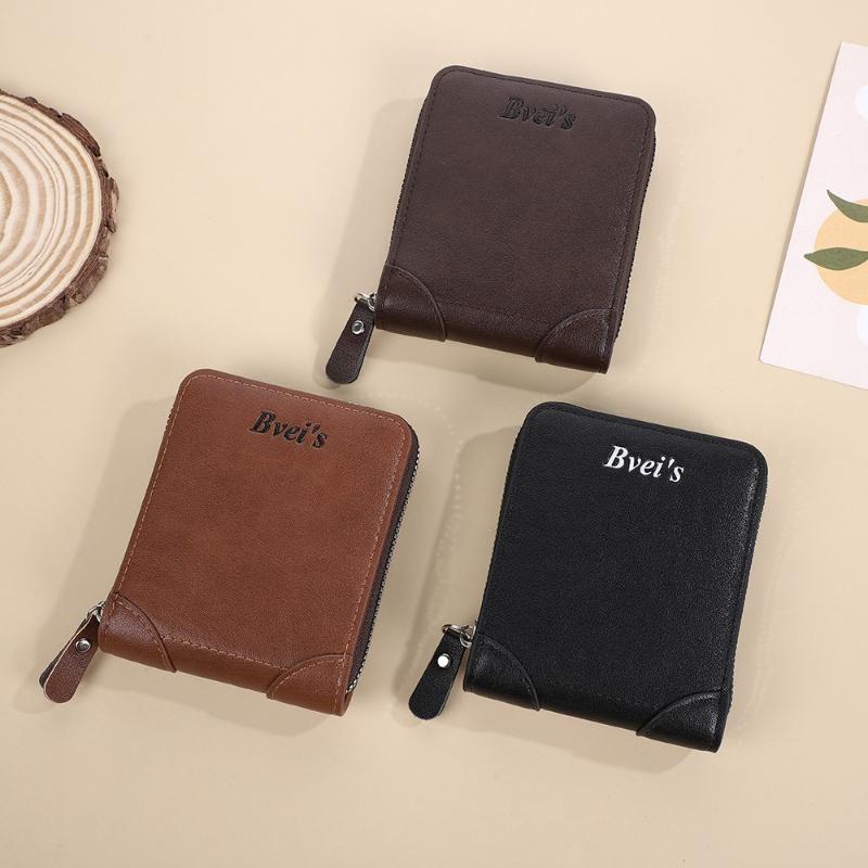 Men Vintage PU Leather Wallet Zipper Trifold Wallet Short Wallet Multi Card Holder Coin Pocket ID Window Casual Business Purse
