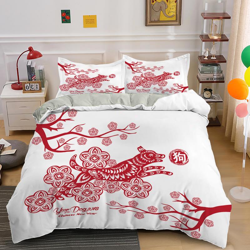 Chinese Culture Style King Queen Duvet Cover Festive Red Bird Dog Bedding Set New Year Comforter Cover Polyester Quilt Cover