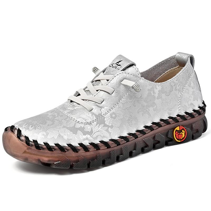 Damen Handgenähte Flache Loafer PU-Leder Bequeme Freizeitschuhe Größe 44 Weite Passform