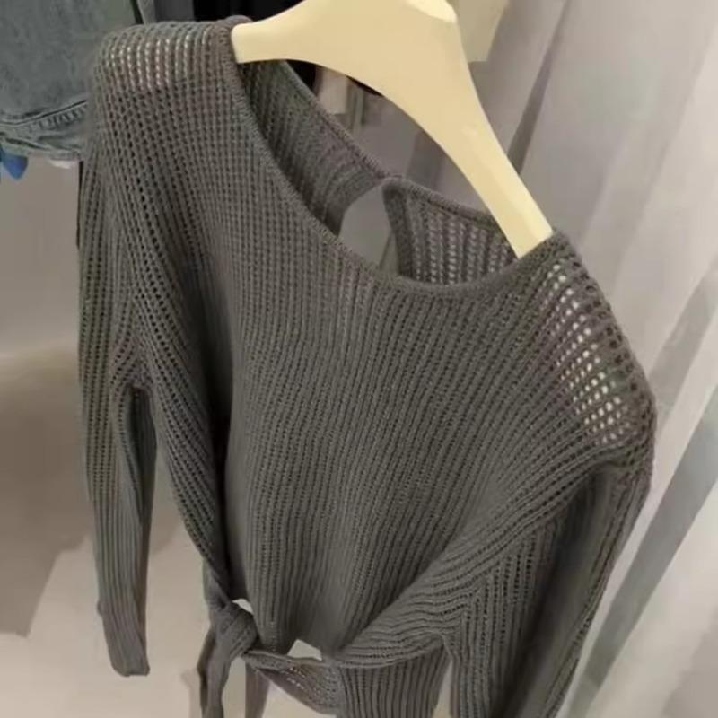 Loose and thin long-sleeved niche gray blouse women's clothing autumn new retro hollow fashionable knitted sweater women