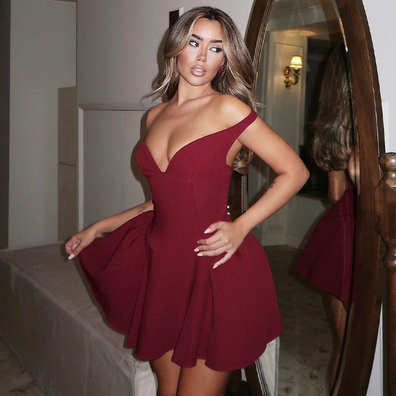 

Fashion Pure Color Fancy off-Shoulder Sleeveless Dress 2025 Summer New Arrival Sexy Dress A- line Short Skirt for Women Wine red L