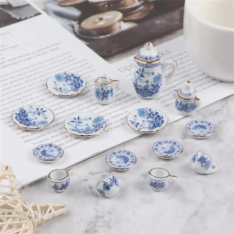 15Pcs/Set Vintage Miniature White Porcelain Tea Set Pot Cup Plate Tableware Dollhouse House Model Room Items Furniture Decor