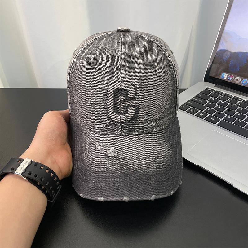 Washed Denim Hat for Men, Korean Style Vintage Sunshade Baseball Cap, Fashionable and Versatile, Embroidered Soft-top Distressed Duckbill Cap for