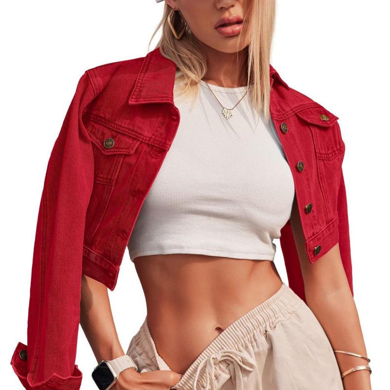 Женская короткая джинсовая куртка с пуговицами и длинным рукавом 2026 года - Европейский и американский стиль XL красный