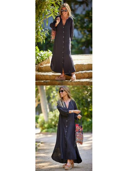 New Women's Cotton Linen Long Sleeve Cardigan Dress for Autumn and Winter