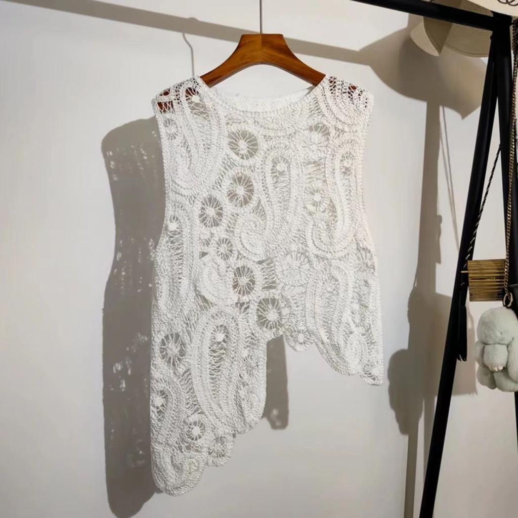 Knitted Irregular Crochet Hollow Out Vest Cardigan Summer Sleeveless Design Niche Tank Top